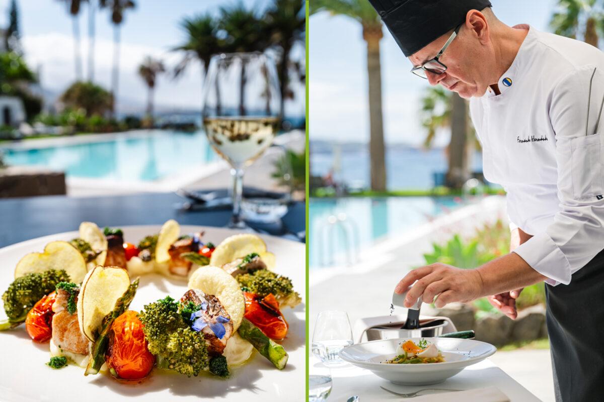 Cuisine in Tenerife. Chef prepares a dish. View of the pool, palm trees, and Atlantic Ocean.