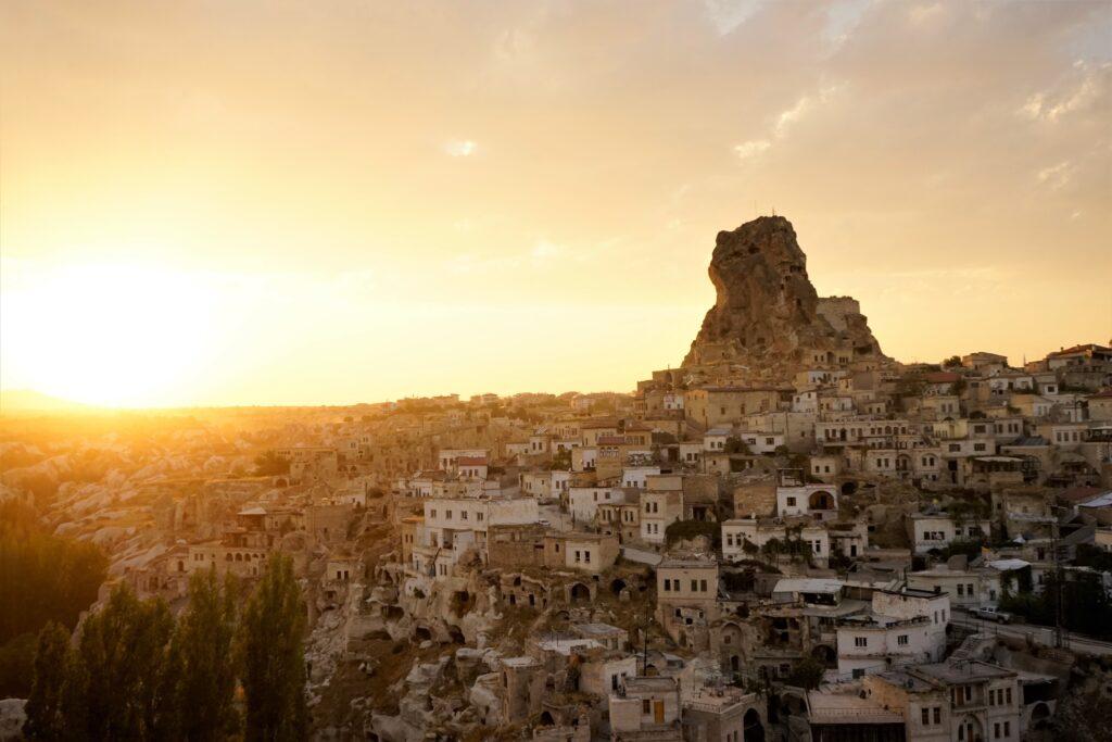 Ortahisar Castle in Cappadocia, Turkey, at sunset