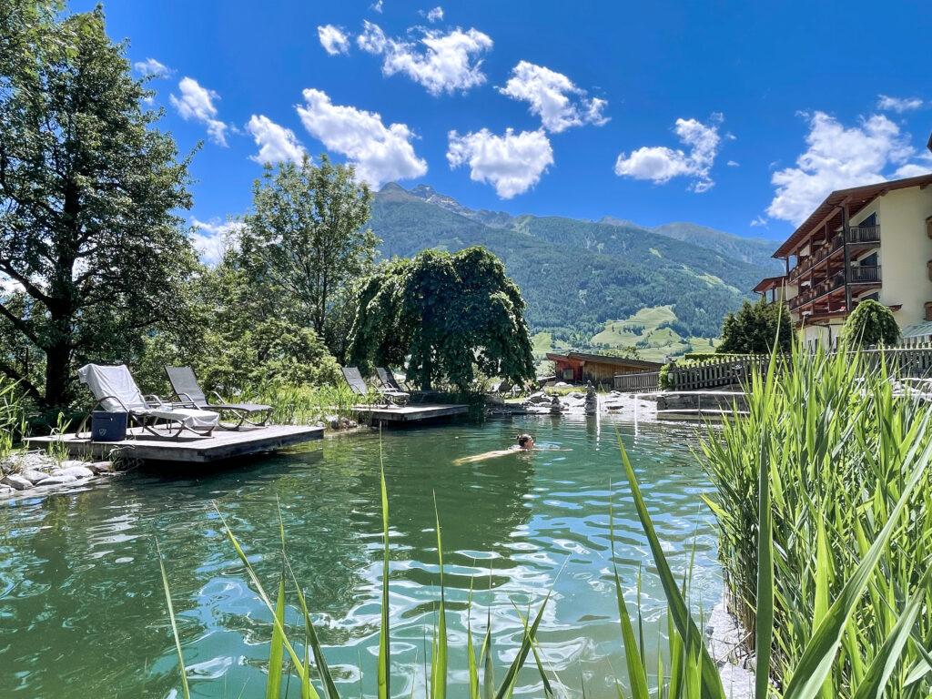 Natural swimming pond, view of the mountain panorama