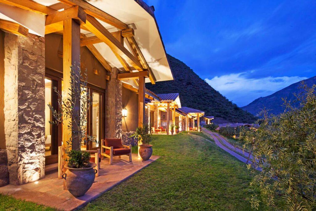 Sustainable hotel in peru in the sacret valley, illuminated before dark. 