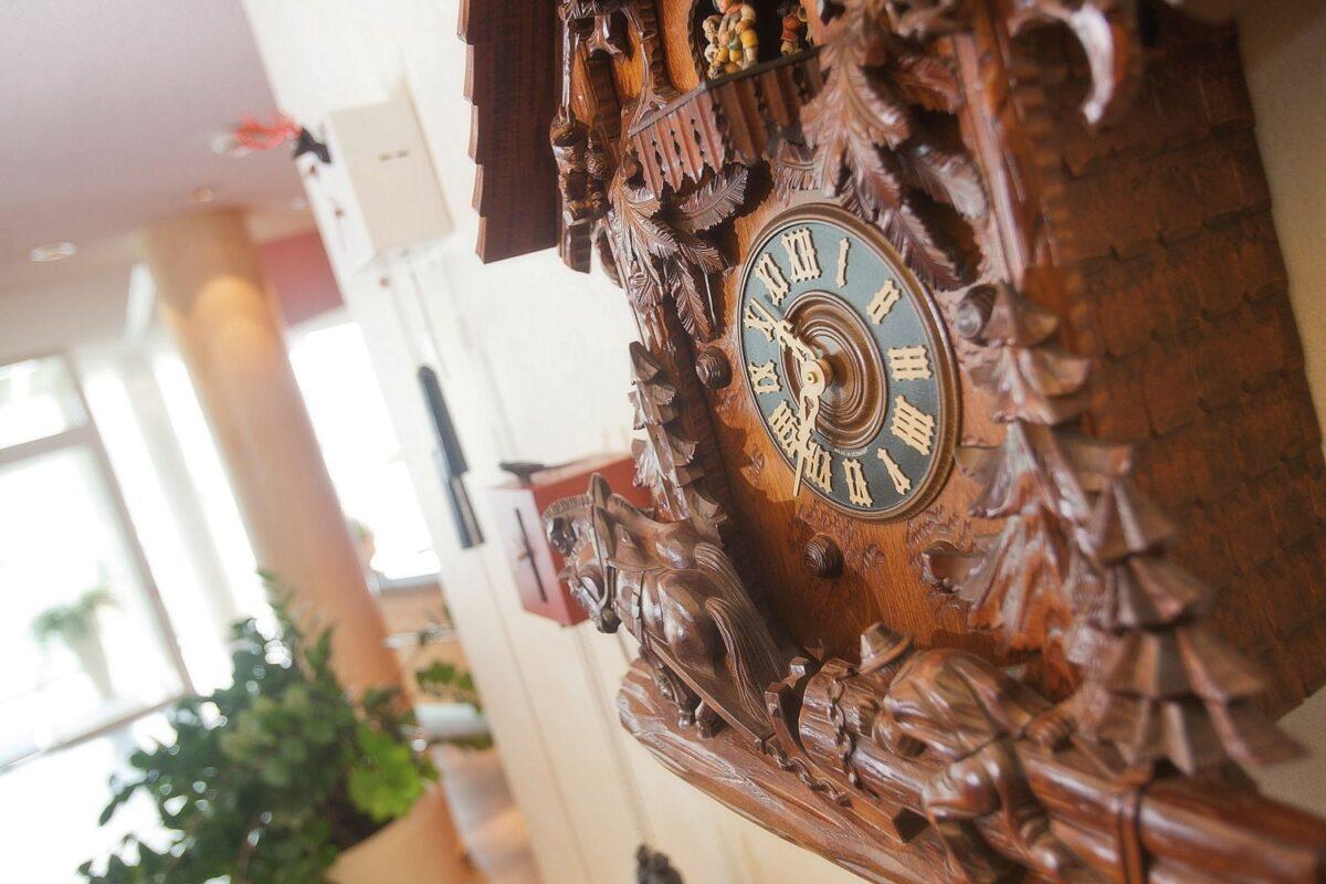 A cuckoo clock in the lobby of the SCHWARZWALD PANORAMA Hotel.