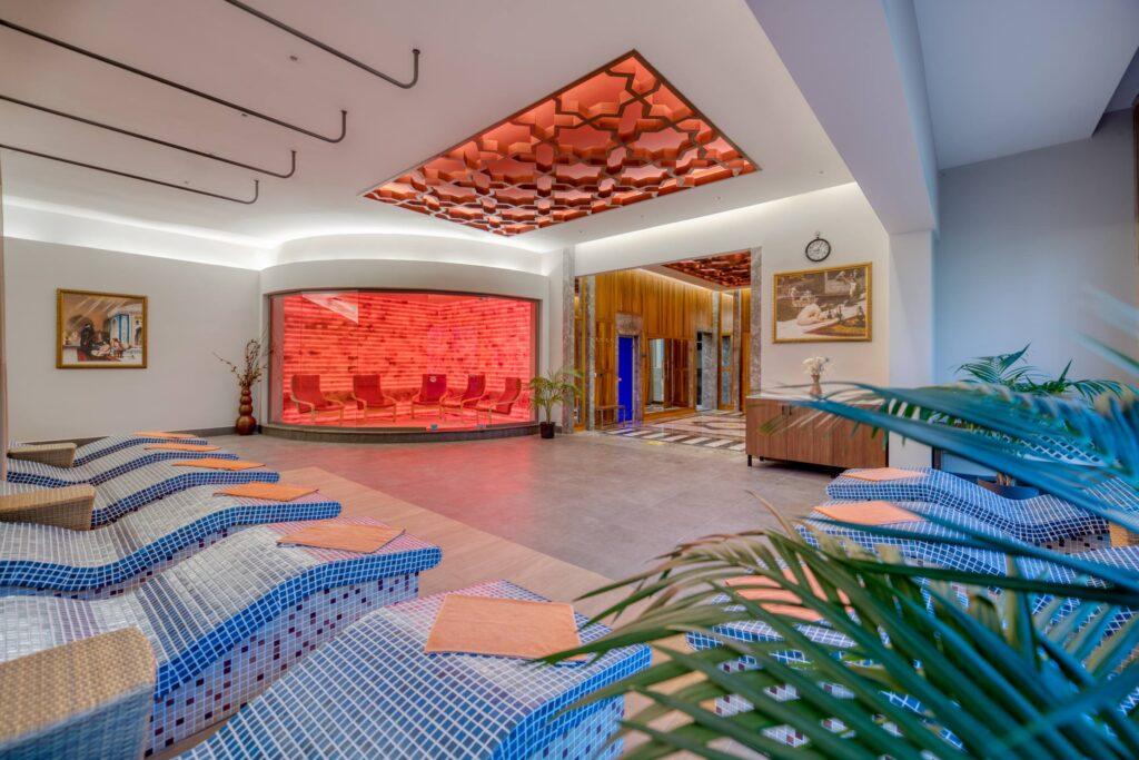 An interior view of the spa area at the Megasaray Club Belek looking toward the salt room. The resort is striving to make the spa more sustainable by using renewable energy and implementing water-saving measures.