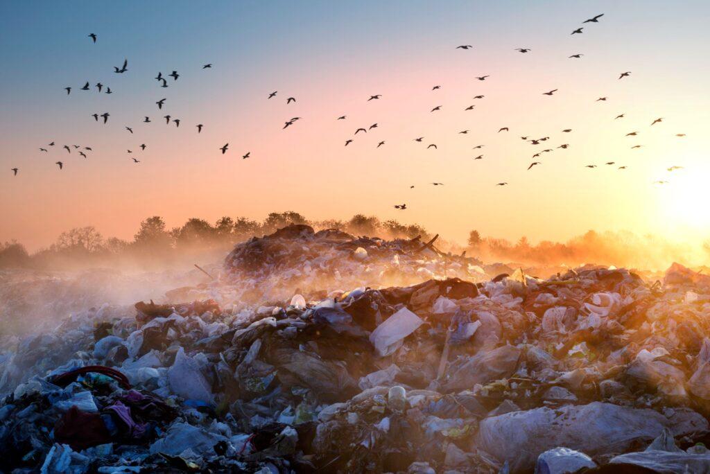 Sunrise over a landfill. Birds are flying in the sky.
