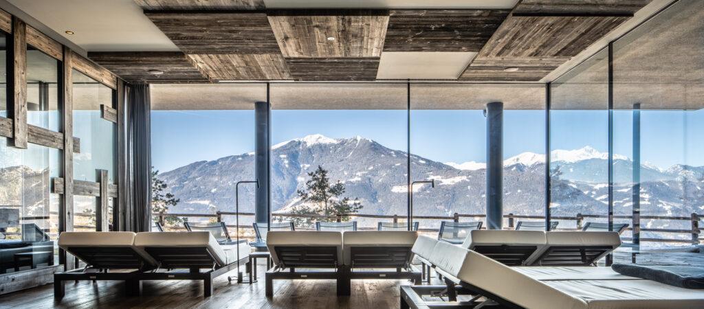 Relax in the relaxation room with mountain views. Plose, near Brixen, South Tyrol — sustainable vacation