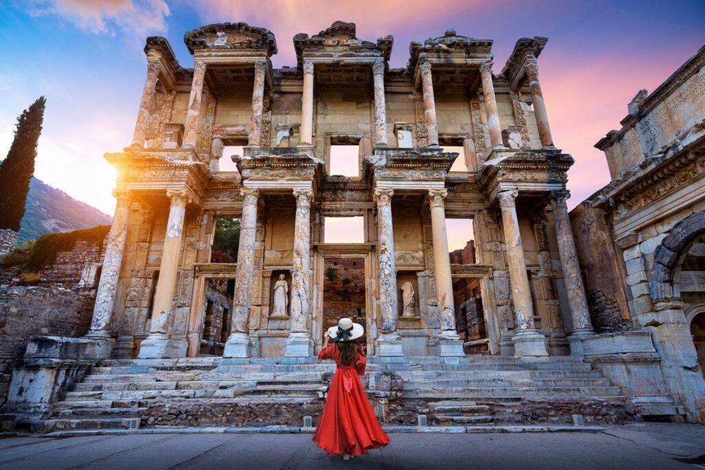 A woman in the Celsius Library in the ancient city of Ephesus near Izmir, Turkey.