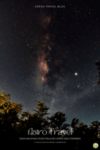 Sternenhimmel mit der Milchstraße über den Silhouetten von Bäumen. Der Text lautet: „Astro Travel: Dein nachhaltiger Urlaub unter den Sternen, Kambodscha.“