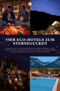 Collage von Eco-Hotels unter dem Sternenhimmel, mit gemütlichen Gesprächen am Kamin, einer beleuchteten Berghütte und ruhigen Ausblicken am Pool, die für Astro-Tourismus werben.