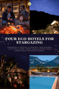 Collage of eco-hotels under starry skies, featuring cozy fireside chats, a lit mountain lodge, and tranquil poolside views, promoting astrotourism.
