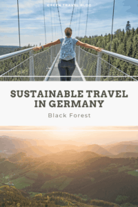 A person with outstretched arms stands on a suspension bridge surrounded by the dense, green coniferous forests of the Black Forest. In the lower part of the image, the Black Forest can be seen at sunset, with rolling hills and wooded areas glowing in warm shades of yellow. In the center is a white text box with the inscription ‘SUSTAINABLE GERMANY Black Forest’. The composition conveys a sense of connection to nature and sustainable vacationing.