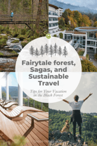 Four different images showcase the Black Forest as a sustainable vacation destination. In the top left, a clear stream flows through a wooded hillside. In the top right, a modern hotel building with large glass facades and balconies stands surrounded by forest. In the bottom left, several wooden loungers offer a panoramic view. In the bottom right, a person with a dog looks out at forested mountains. In the center is the text: ‘Fairytale Forest, Myth, and Sustainable Travel. Tips for Your Vacation in the Black Forest.’