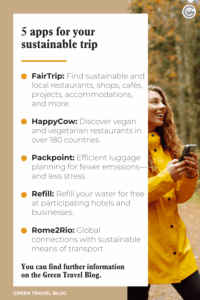 A woman in a yellow raincoat and holding a phone smiles while looking away. Text lists five sustainable travel apps: FairTrip, HappyCow, Packpoint, Refill, Rome2Rio.