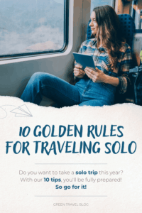 A woman with long hair and a plaid shirt is sitting by the window on a train, holding a tablet in her hands; below, the text reads “10 GOLDEN RULES FOR TRAVELING ALONE” along with other tips for solo travel