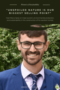 Portrait of host marco Spiss, a smiling man in glasses and a blue suit and owner of the Summit Lodges in Austria. Background of green foliage. Text above discusses sustainability and unspoiled nature.