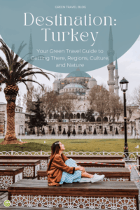 A woman sits on a bench in front of the Blue Mosque in Istanbul, with palm trees and streetlights in the background