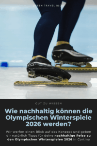 Nahaufnahme der Beine eines Eisschnellläufers in Bewegung auf dem Eis, der dunkelblaue Strumpfhosen und schwarze Schlittschuhe trägt. Der Text im Bild redet über Nachhaltigkeit bei den Olympischen Winterspielen 2026.