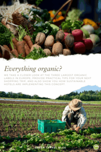 Various organic vegetables are displayed on a market stall, including carrots, beets, and radishes, with a text block below titled “Everything organic?” and an explanatory text, below which is a person wearing a straw hat harvesting vegetables in a field.