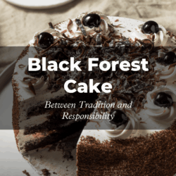 A slice of Black Forest cake with dollops of whipped cream and cherries on a plate