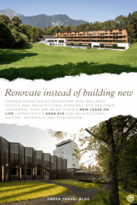 Above, an elongated hotel building set against forested mountains; below, a modern hotel with a wooden facade and large windows nestled in a lush park setting.