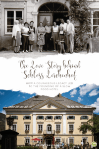 At the top is a black-and-white group photo of people in front of a historic building, with the caption “The Love Story of Lerchenhof Castle: How a Courageous Heir Founded a Slow Food Hotel”; at the bottom is a color exterior view of Lerchenhof Castle with a blue sky and trees.