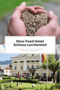 The upper half of the image shows two hands holding a heart-shaped arrangement of grains; the lower half shows the yellow building of the Schloss Lerchenhof Hotel with its garden and flags in the foreground