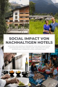 Bildcollage mit einem Hotel in den Bergen, Leuten auf einem Reisfeld, einem Koch, der Essen anrichtet, und einer Marktszene. Der Text lautet: „Soziale Auswirkungen nachhaltiger Hotels“.