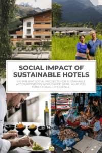 Image collage with a hotel in the mountains, people in a rice field, a chef plating food, and a market scene. Text reads: "Social Impact of sustainable hotels."