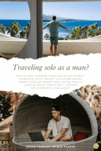 Man in a hat uses a laptop in a cozy round chair outdoors. Above, another man enjoys a coastal view. Text discusses solo travel for men.