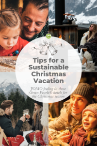 Collage of cozy winter scenes with families enjoying a sustainable Christmas vacation. Includes a father with a child, snowy mountains, and festive cheer.
