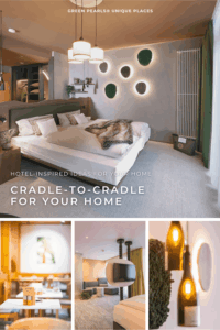 A modern hotel room with a large double bed, light-colored linens, and wooden furniture. On the wall behind the bed are three round moss installations framed by light. The lower section features three close-up shots of Cradle-to-Cradle hotel rooms. The upper section reads in white lettering: ‘GREEN PEARLS® UNIQUE PLACES’. Below that: ‘INSPIRATION FROM HOTELS FOR YOUR HOME’ and ‘CRADLE-TO-CRADLE FOR YOUR HOME’.