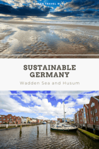 A tranquil image of the Wadden Sea at low tide under a dramatic sky. Below, Husum's picturesque harbor with colorful buildings and boats under a bright sky. Text reads: 'Sustainable Germany, Wadden Sea and Husum.' Emotion: serene and inviting.