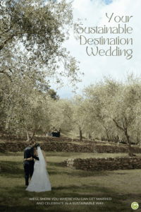 A couple in wedding attire walks through a serene olive grove near the Relais del Maro in Italy and under a clear sky, evoking romance and sustainability. Text: "Your Sustainable Destination Wedding."