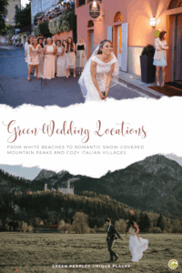 Bride in white dress smiles in front of bridesmaids on a cobblestone street. Below, couple holds hands in grassy field with mountains, promoting "Green Wedding Locations."