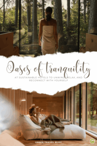 A woman in a towel standing in front of large windows overlooking a forest, and a woman relaxing on a lounger in a modern wooden room with panoramic windows