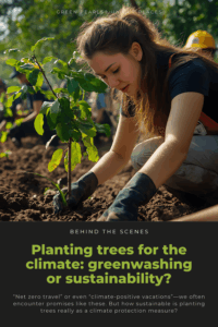 Young woman planting a tree in a sunlit field, wearing gloves and focused. Text below asks if tree planting is greenwashing or sustainability.