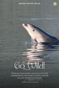 Ein Delfin springt aus dem ruhigen Meerwasser unter sanftem Licht. Der Text lautet „Go Wild!“ und wirbt für nachhaltiges Reisen und Begegnungen mit Wildtieren in Kroatien.