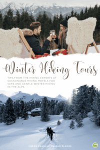 Two people sit in armchairs with fur throws and clink glasses, while below, two people hike through a snowy Alpine landscape surrounded by sustainable hiking hotels.
