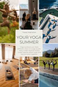 A collage of six photos shows people practicing yoga outdoors and indoors, as well as a group doing yoga on a rooftop terrace with a view of the sea, accompanied by the text: “Travel Inspiration: YOUR YOGA SUMMER. Yoga outdoors just feels different than in a yoga studio. Many Green Pearls Hotels create spaces where yoga and nature come together.”